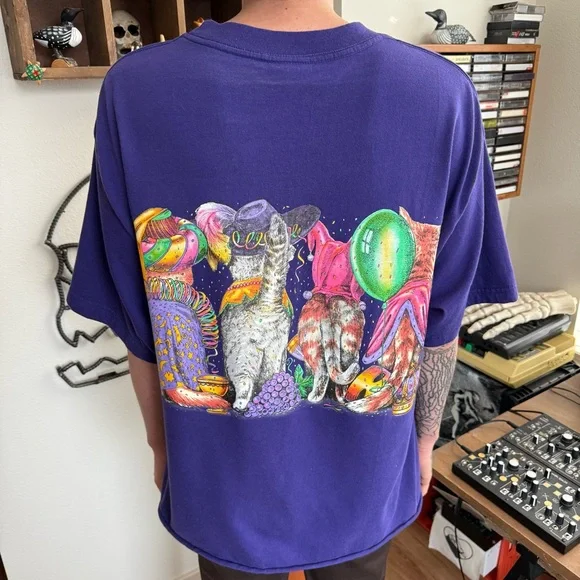 Vintage 90s Cropped New Orleans Mardi Gras Cat Front & Back Graphic Tee ~Size XL - Picture 2 of 9